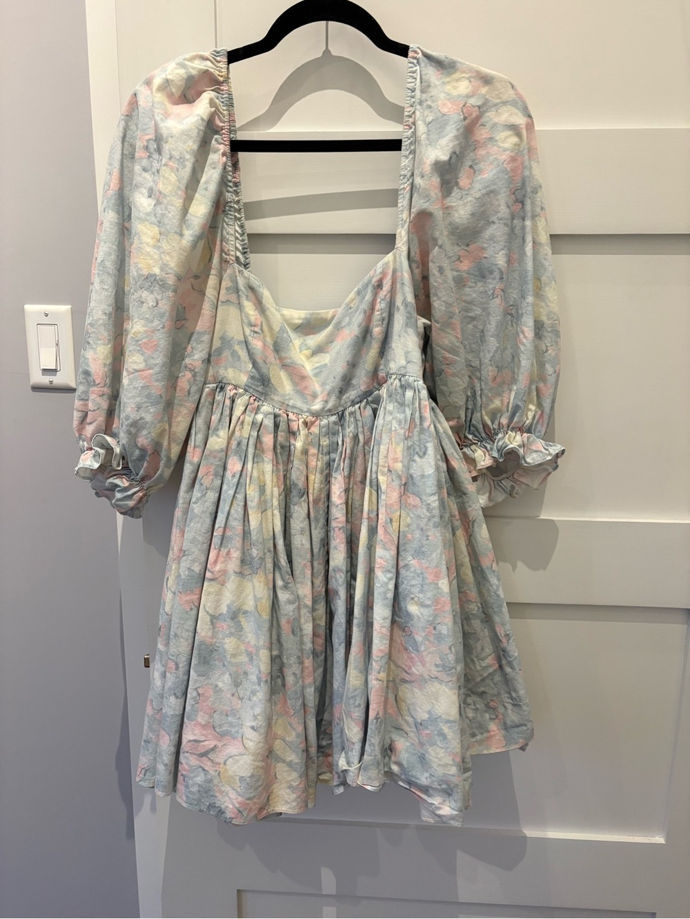 Selkie Pastel Floral Puff-Sleeve Kids Dress - Light Blue & Pink
